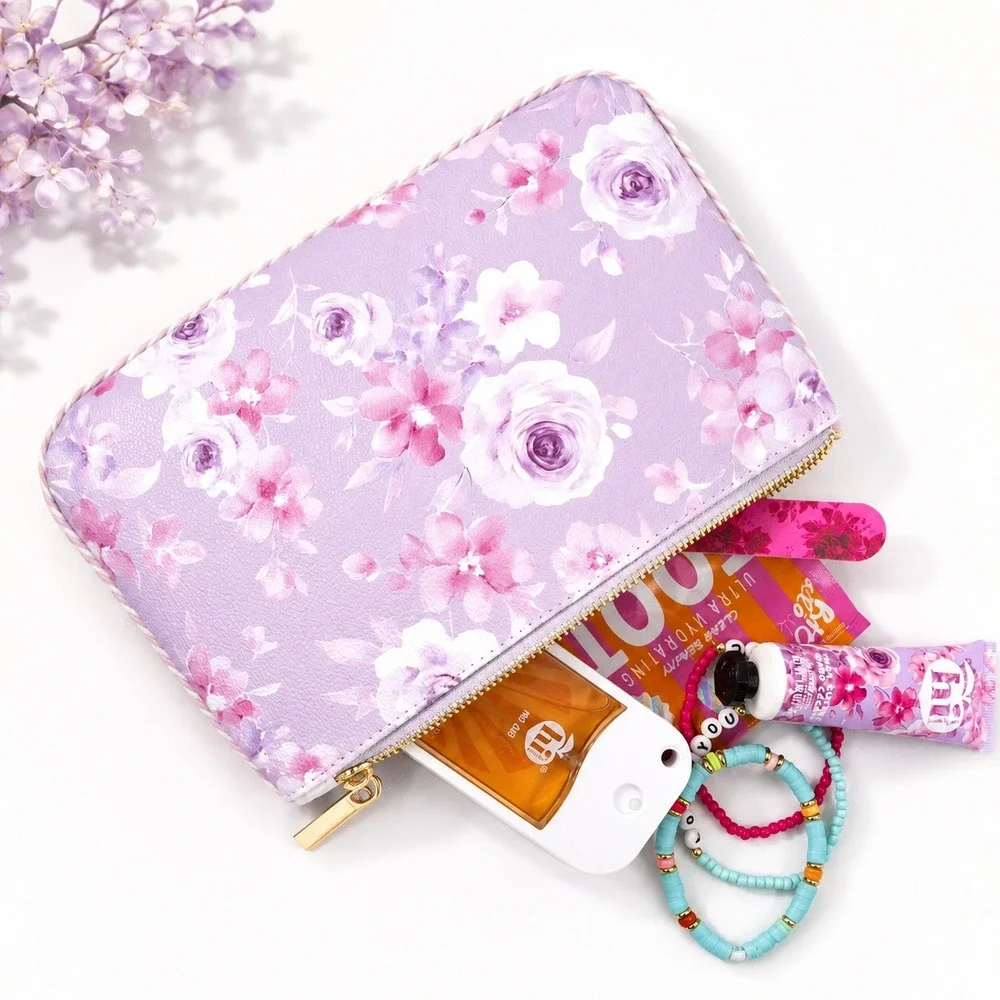 Hi Peach Layne‎ Purple Floral Large Zipper Pouch Vegan Leather Makeup Bag Bag